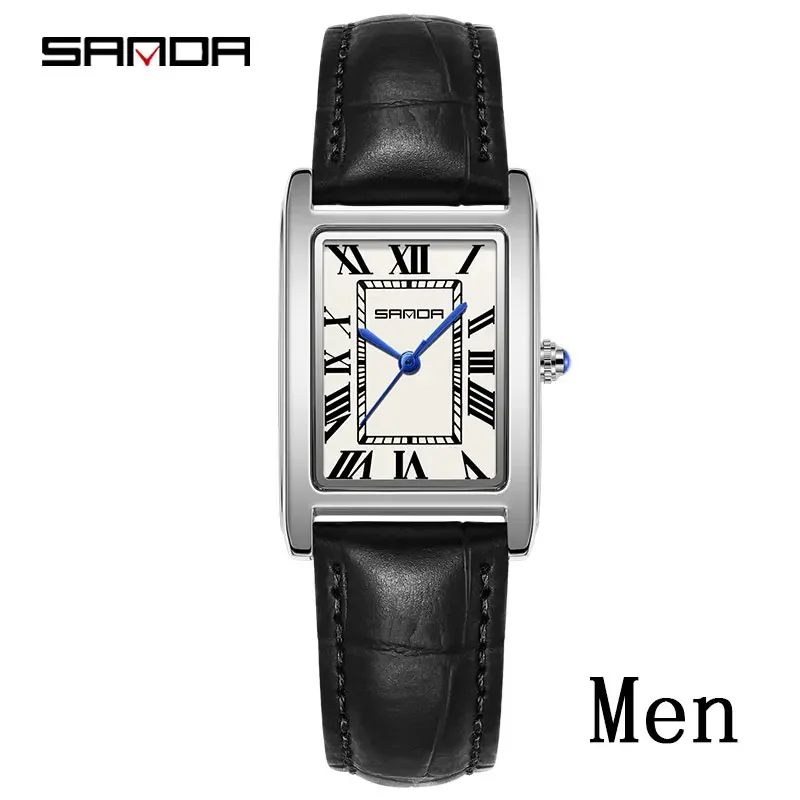 SANDA Luxe Tank Paar Horloge Slijtvaste Lederen Band Vierkante Wijzerplaat Waterdichte Sport Casual Vrouwen Mannen Quartz Horloges Reloj