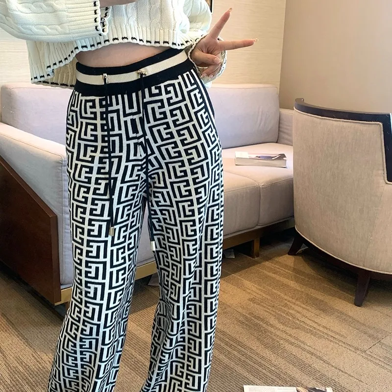 Vintage Jacquard Knit Pants For Women High Elastic Waist Drawstring Wide-leg Trousers Loose Fashion Ladies Straight Pants 2024