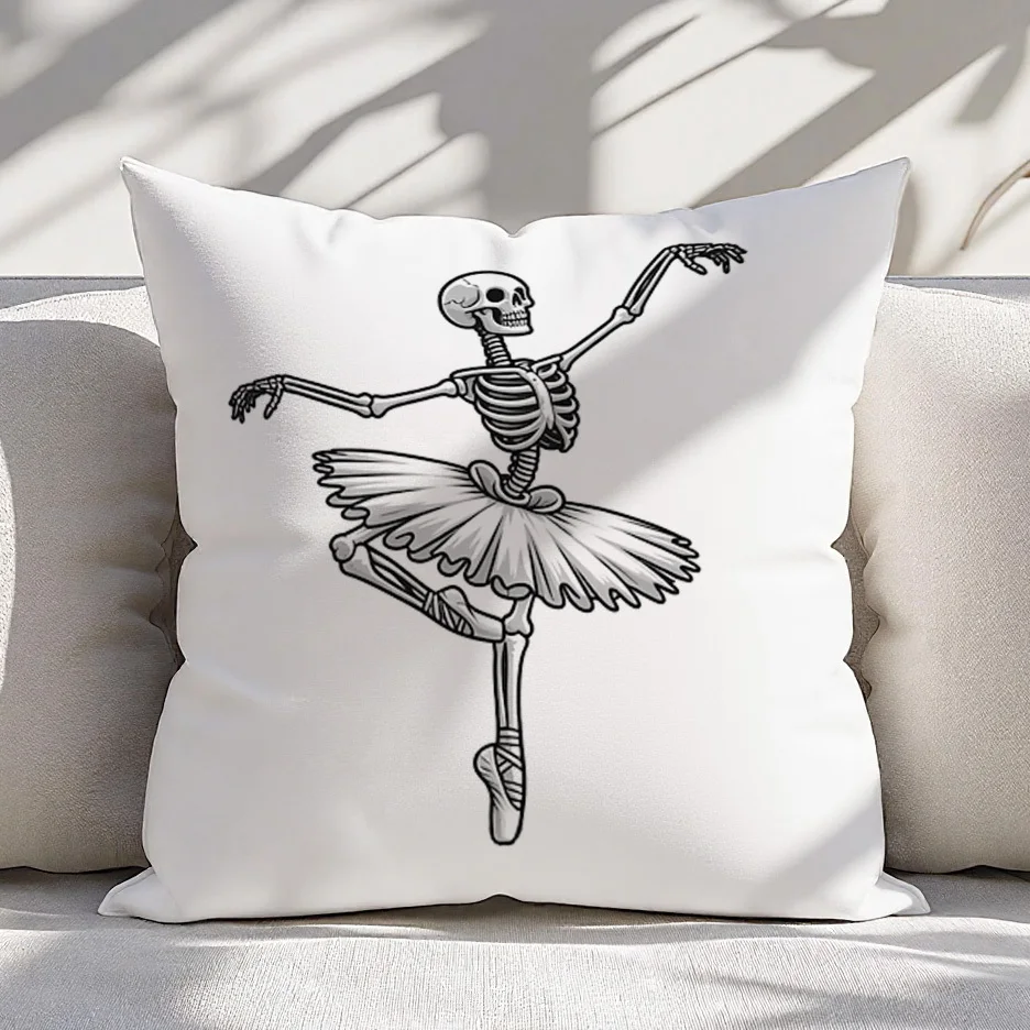 Funny Skeleton Ballerina Pillow Case, Cute Gothic Dance Cushion Cover, Black White Home Decor Throw Pillow Slipcover for Sofa