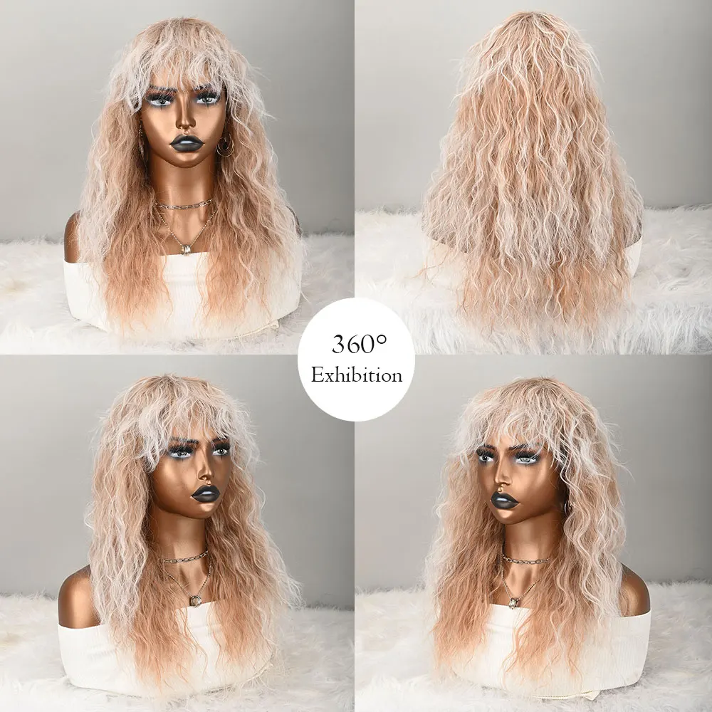 Long Curly Wig with Bangs for Women Ombre Ash Blonde Synthetic Hair Wigs Fluffy Water Wave Wig with Fringe Heat Resistant Synthe