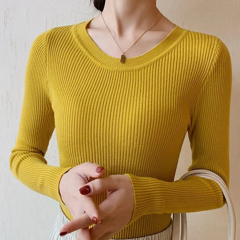 Autumn Winter New Fashion Round Neck Long Sleeve Women\'s Clothing Pullovers Slim Solid Color Knitting Korean All-match Blouses