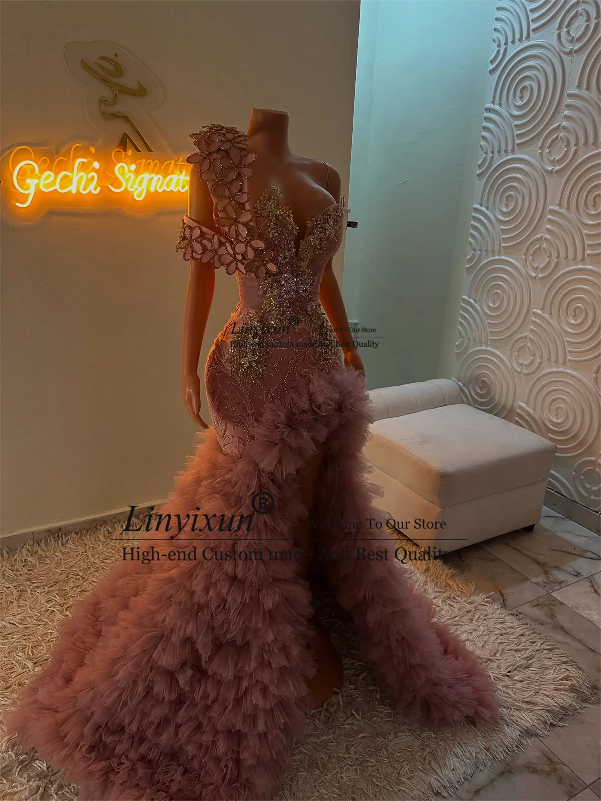 Customized 3D Floars Mermaid Prom Dress Aso Ebi Sparkly Beaded Crytals Evening Gown Long African Side Ruffle Wedding Party Dress