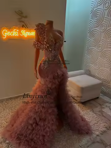 Customized 3D Floars Mermaid Prom Dress Aso Ebi Sparkly Beaded Crytals Evening Gown Long African Side Ruffle Wedding Party Dress