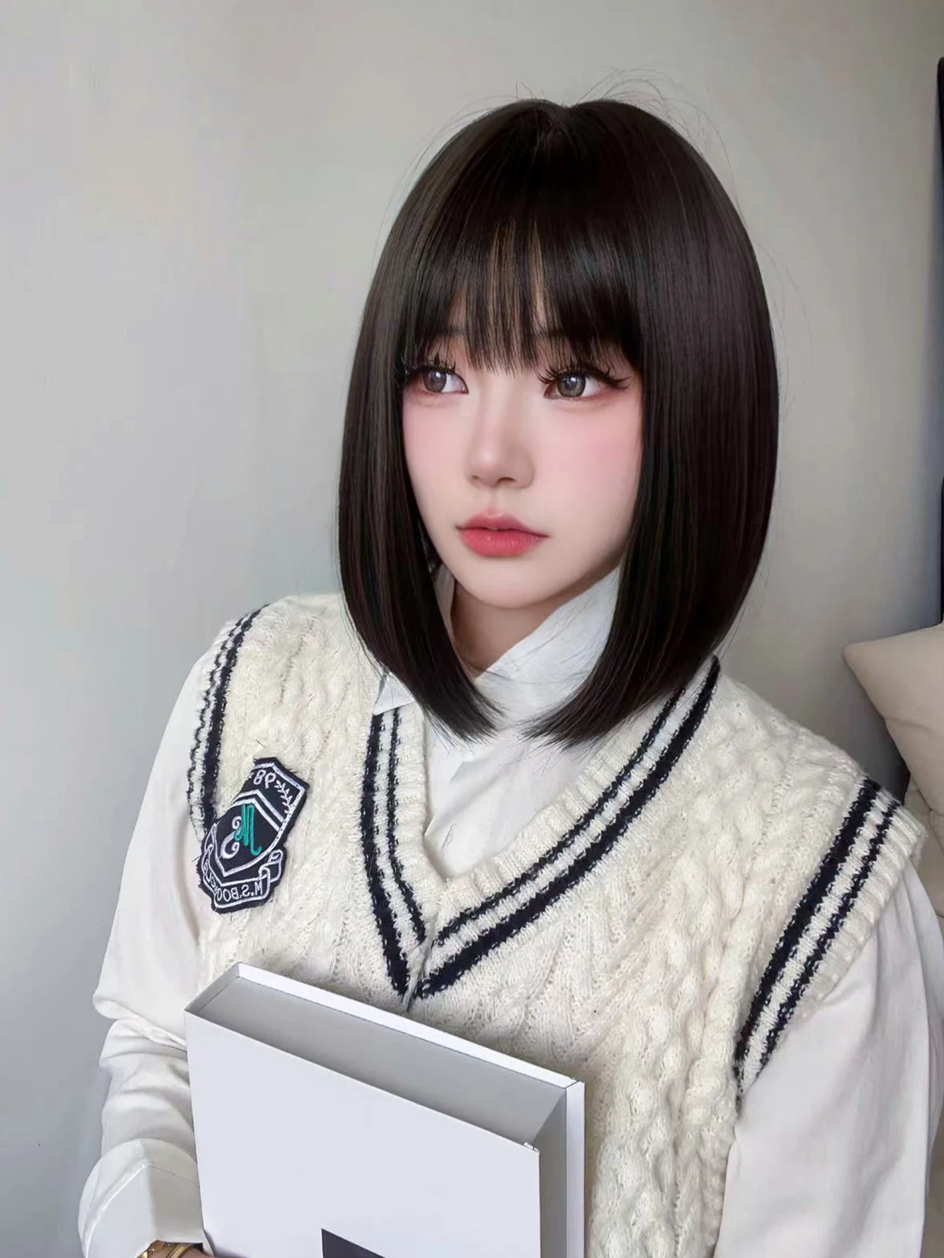 12Inch Tea Black Preppy Style Synthetic Wigs With Bang Short Natural Straight Hair Mechanism Wig For Women Daily Heat Resistant