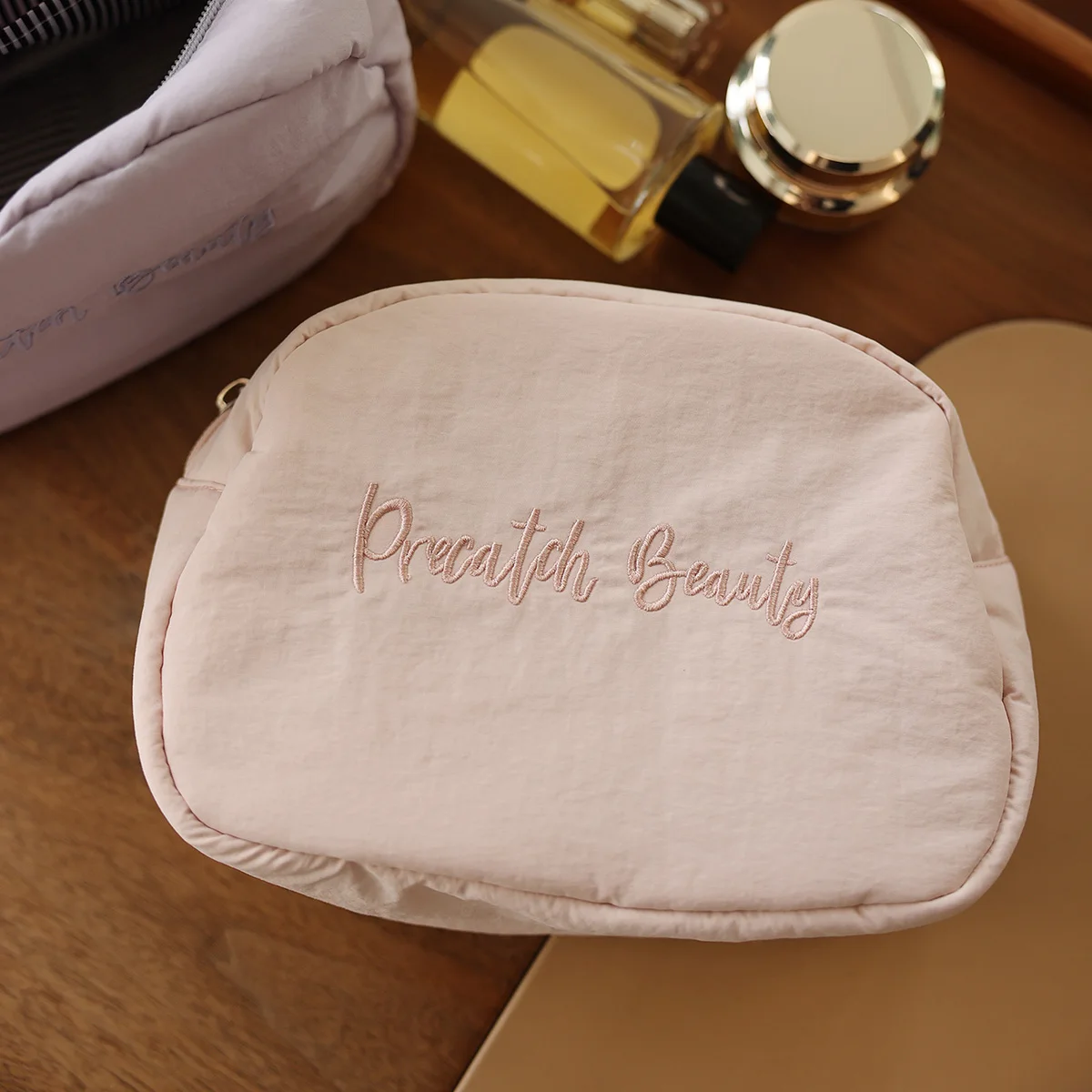 حقيبة مستحضرات التجميل المطرزة باللون الوردي والأرجواني للسفر بسعة كبيرة وسحاب وحقيبة تخزين وحقيبة أدوات الزينة وحقيبة داخلية كبيرة بلون سادة #6