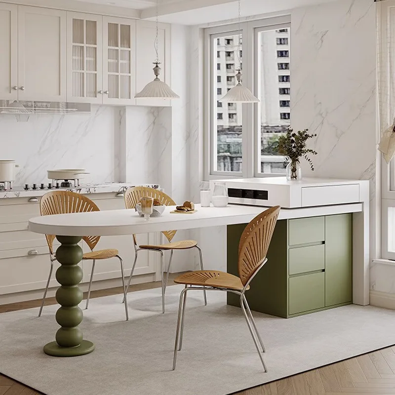 Island table retractable integrated Internet celebrity family small apartment arc island rock plate dining table and chairs