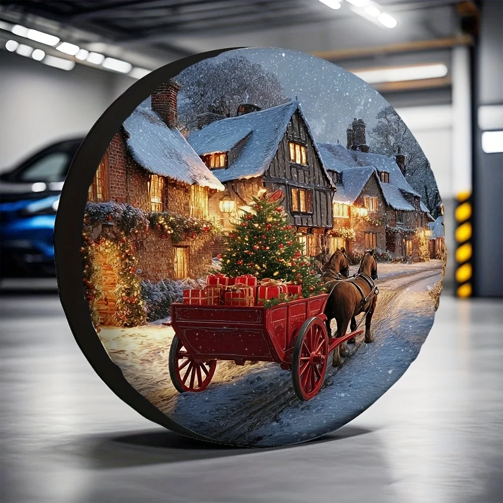 

Christmas Night Winter Village Horse Wagon Tire Cover Durable Outdoor Spare Wheel Protector