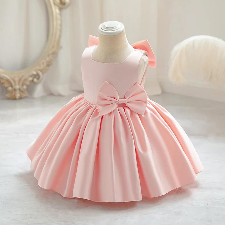 2024 New Girl\'s big bow princess dress 0-5-year-old baby fashion satin dress Carnival birthday party host performance dress