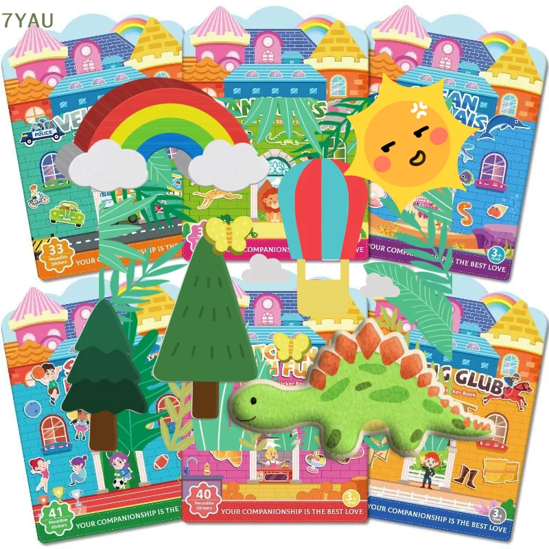 1 Juego de pegatinas de gelatina DIY con múltiples temas, libro portátil silencioso y ocupado, calcomanías Montessori, juguete para niños, libro de pegatinas de gelatina de Castillo reutilizable