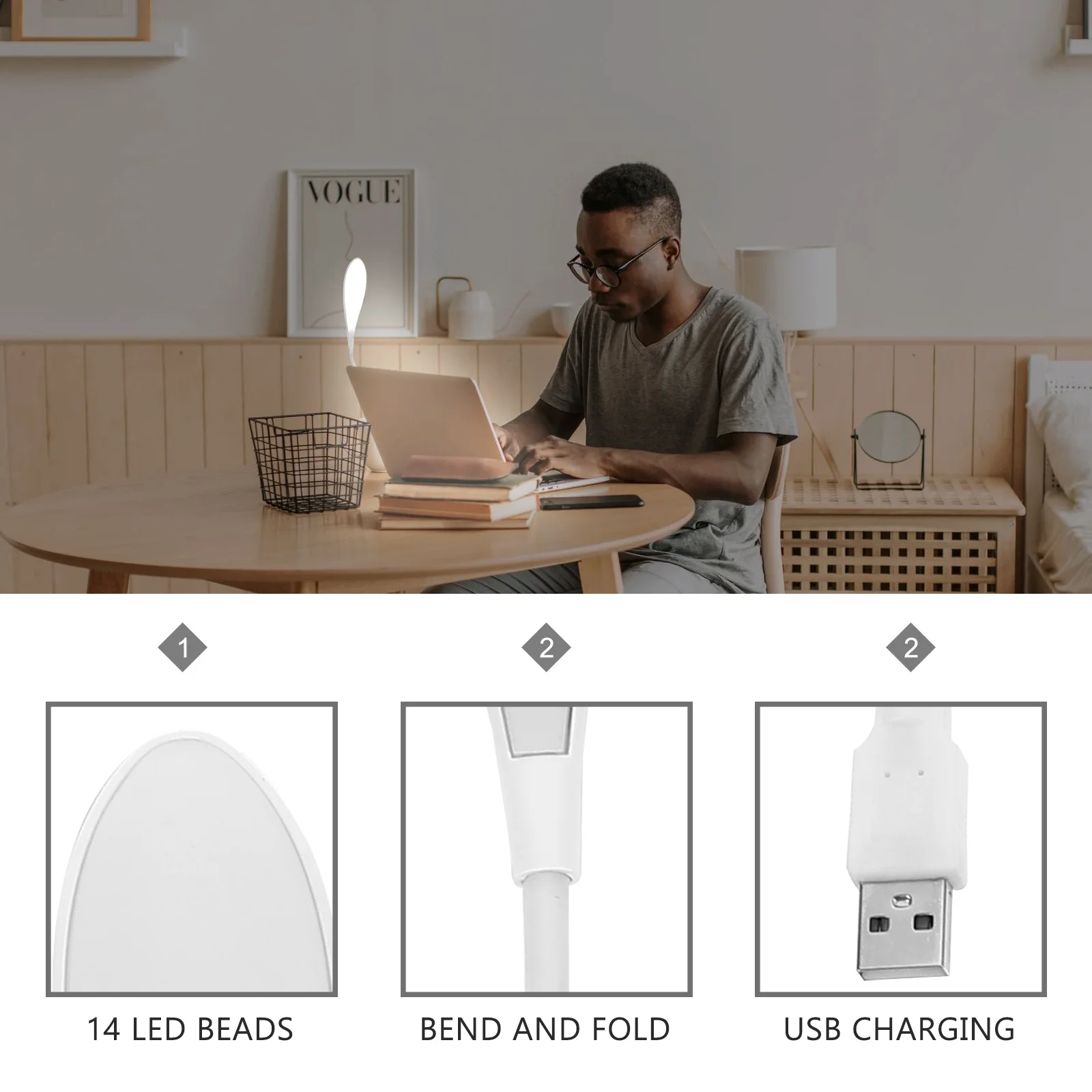 USB محمول LED مصباح القراءة 14 LED مرنة معقوفة لوحة مفاتيح الكمبيوتر ضوء المحمولة ليلة ضوء مصباح القراءة الكمبيوتر #5