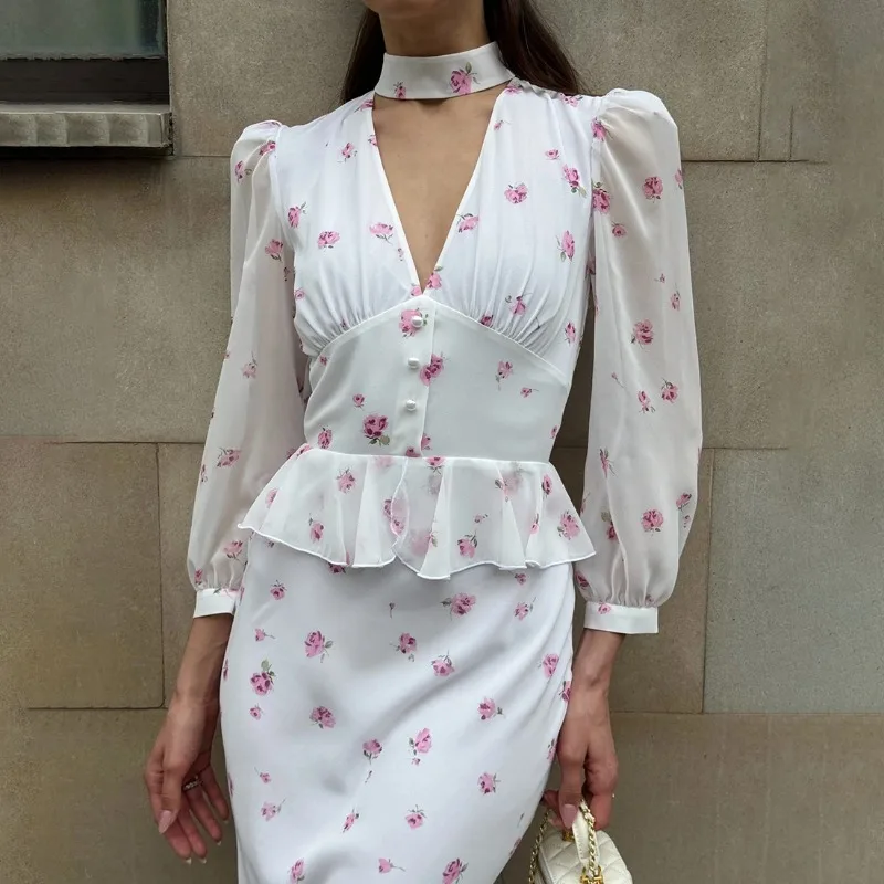 

Tuularose Elegant Printed Dress Women Fashion Deep V Neck Mesh Patchwork Printed Dress Sexy Luxury Female Party Evening Dresses