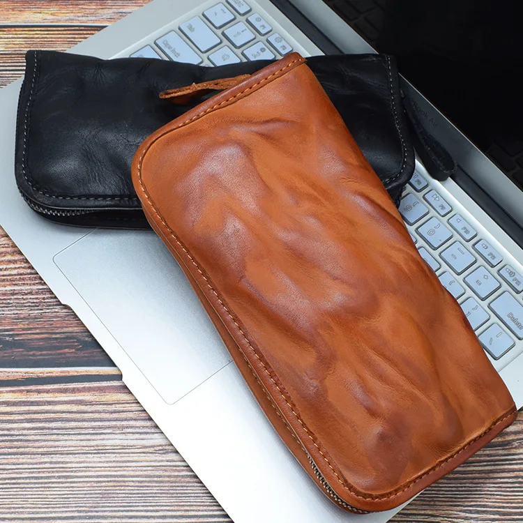 Hand-made Old Washed Tanned Leather Men\'s Hand Baotou Layer Cowhine Wallet Multi-functional Vintage Large Capacity Money Clip