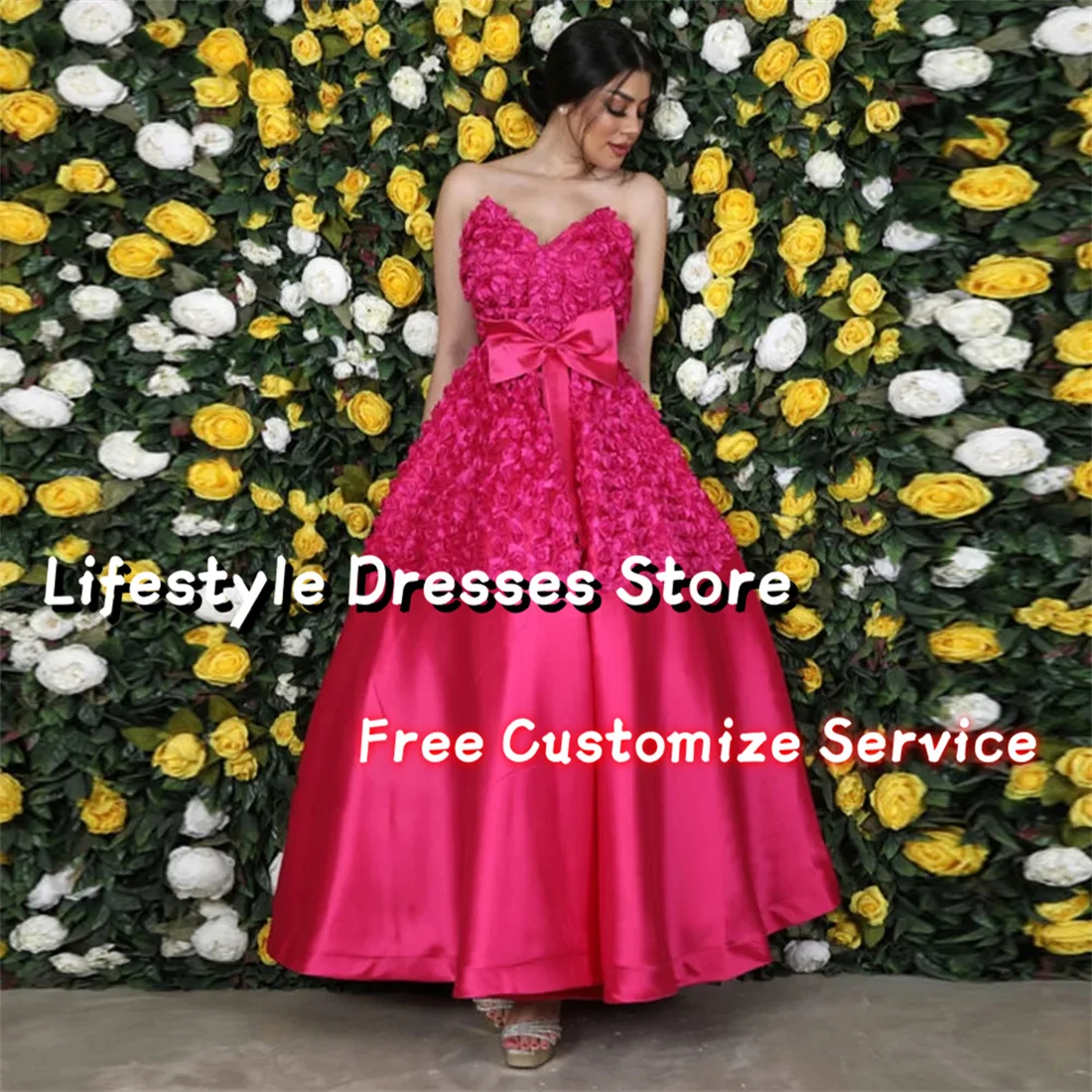 

Fuchsia Evening Dress Sweetheart Sleeveless Rose Flower Satin Cocktail Party Gown Ankle Length A Line Prom Dresses with Bow