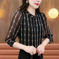 Autumn New Women's 2024 Splicing O-Neck Button Vertical Stripe Fashion Minimalist Casual All-match Long Sleeve Blouses Shirts