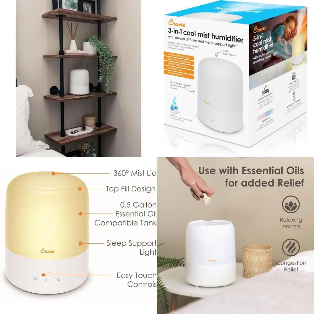 

Компактный увлажнитель воздуха 3-в-1 с диффузором для эфирных масел и ночником для спальни и детской комнаты, 0,5 галлона