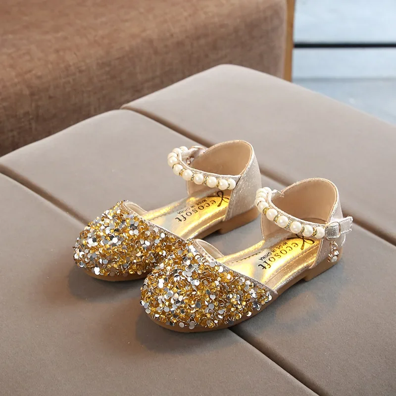 Summer Girls Shoes Bead Mary Janes Flats Fling Princess Shoes Baby Dance Shoes Kids Sandals Children Wedding Shoes Gold