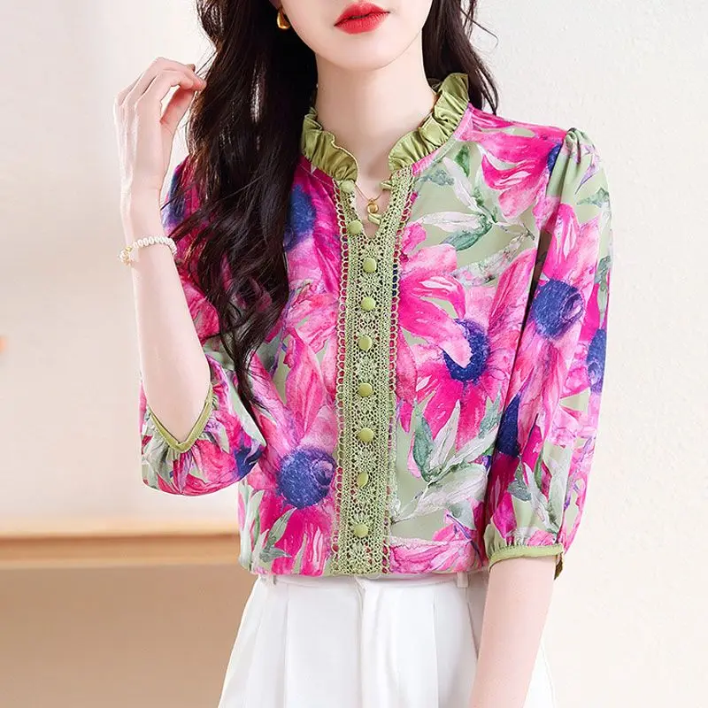 

Spring Summer Women's Pullover Ruffled Neck Lace Shirring Patchwork Button Lantern Three Quarter T-shirt Elegant Clothing Tops