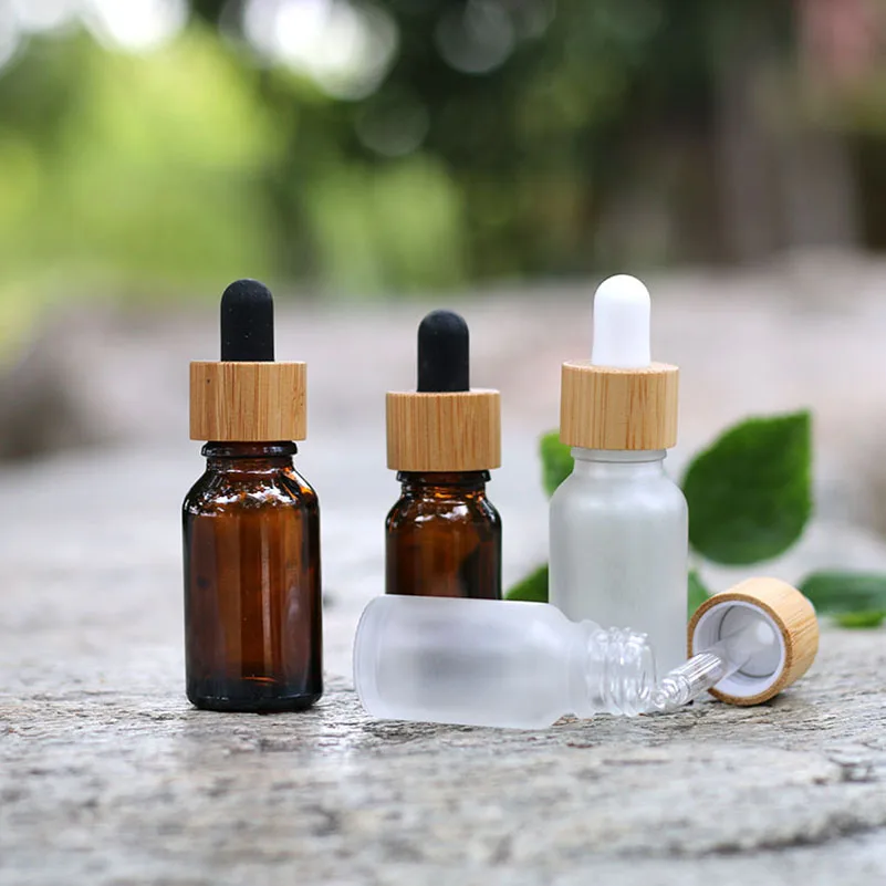 10 Pack 5ml 10ml 15ml 30ml 50ml Frosted Essential Oil Aromatherapy Glass Bottle Jar Dropper Bottle With Bamboo Dropper Cap