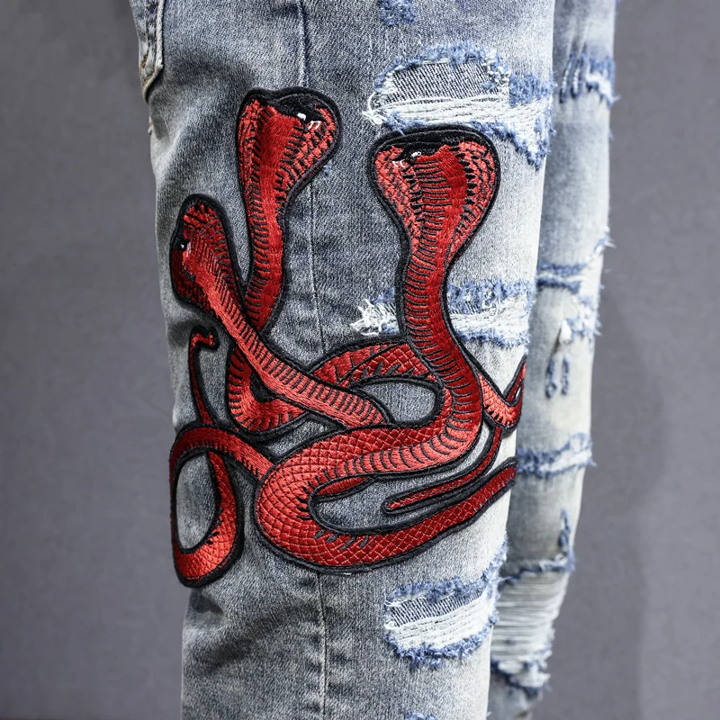 Street Fashion Men Jeans Retro Washed Blue Stretch Skinny Fit Patched Ripped Jeans Men Y2K Brand Designer Hip Hop Denim Pants