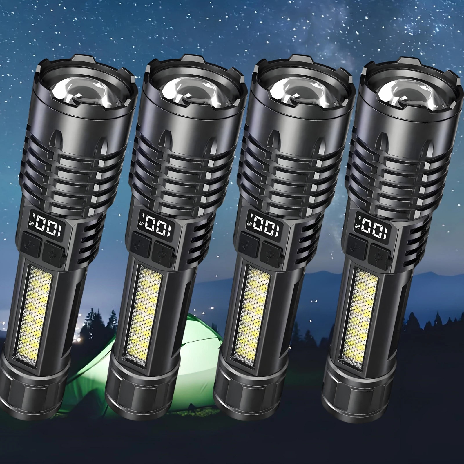 AODTOSIP 1-4Pcs Powerful LED Flashlight USB Rechargeable Torch with COB Side Light 5 Modes Zoom Camping Lantern