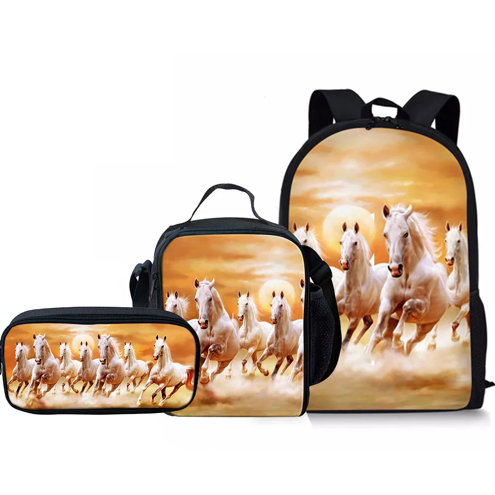 Running Wild Horse Pattern 3 Pcs School Bags Set for Teen Boys Girls School Bag Backpack Casual School Bag Lunch Bag Pencil Case