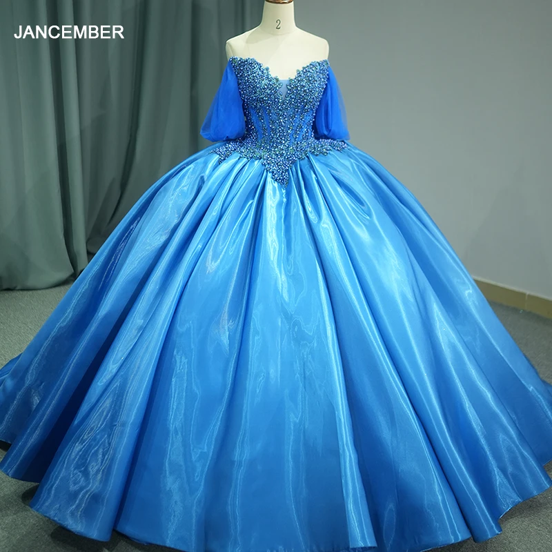 Customized Blue Quinceanera Dress For Girl Ball Gown Short Sleeves Lace Beading Mexico Corset Sweet 16 Vestido De 15 Anos DY1247