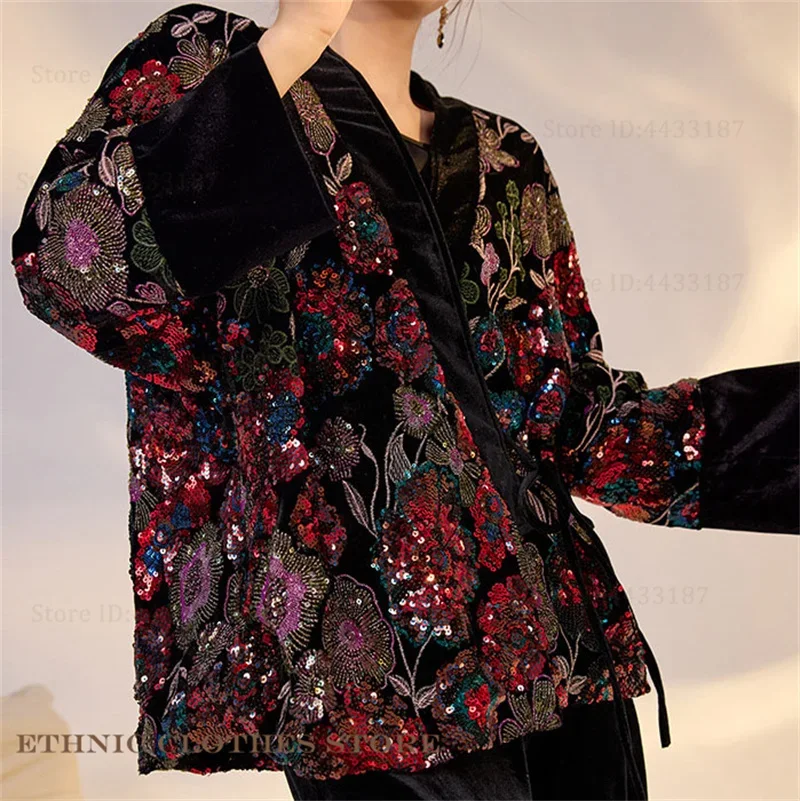

Vintage Classic Female Hanfu Jacket New Chinese Kimono Cardigan Yukata Haori Embroidery Flower Sequins Outwear Luxury Streetwear