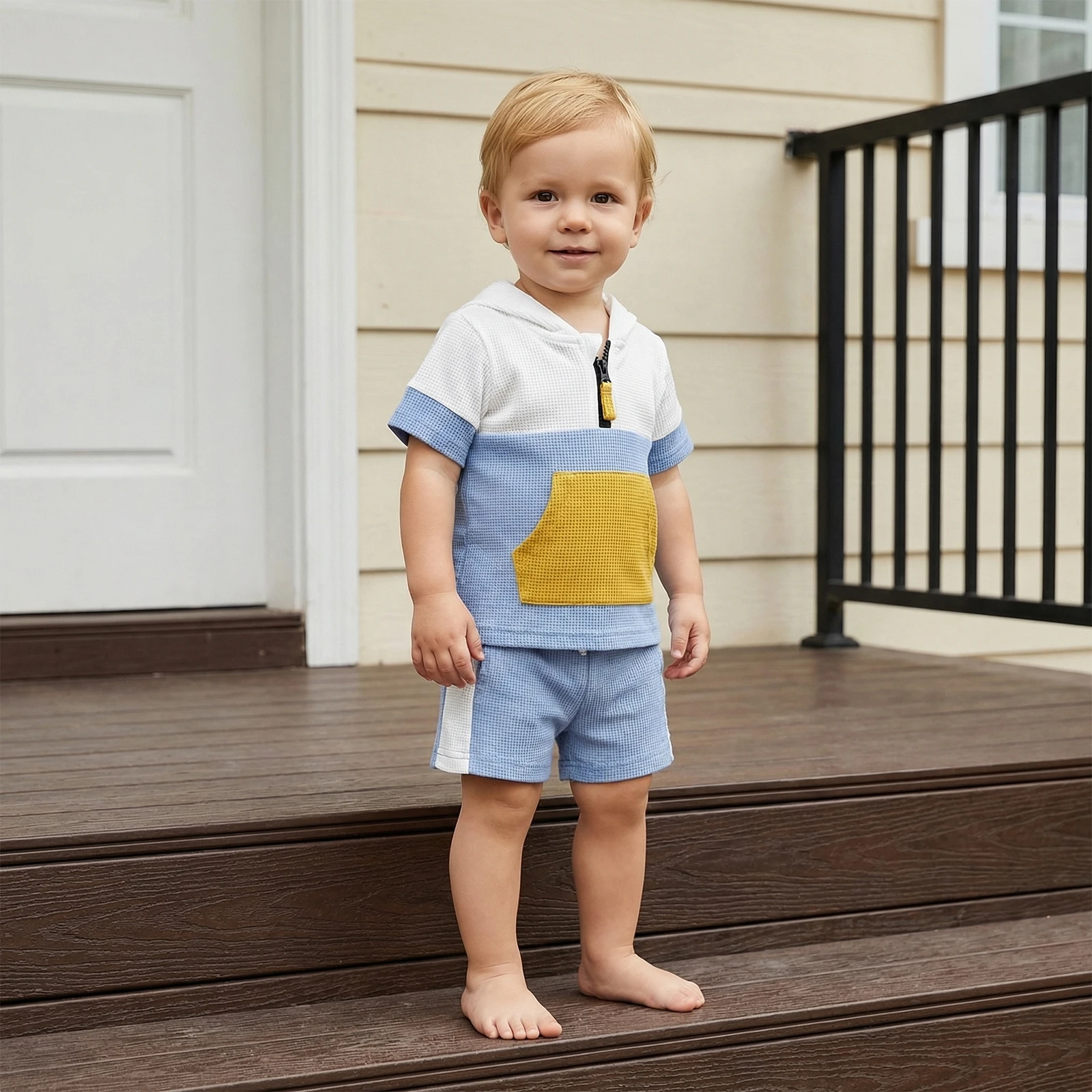 1-4Y Boys Summer Waffle Shorts Sets Short Sleeve Hooded Contrast Color Tops Drawstring Shorts Boys Outfits Set