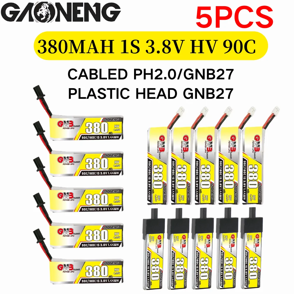 5 szt. Bateria Lipo GAONENG GNB 1S 3.8V HV 380MAH 90C HV ze złączem PH2.0/ GNB27 do Mini quadów dron FPV Emax NanoHawk