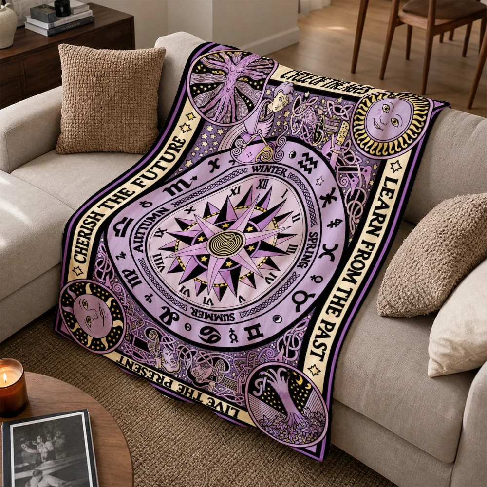 Mystical Astrology Zodiac Cycle of Ages Boho Throw Blanket Sofa Couch Decor Cosmic Celestial Witchy Tarot Theme Wrap for Women