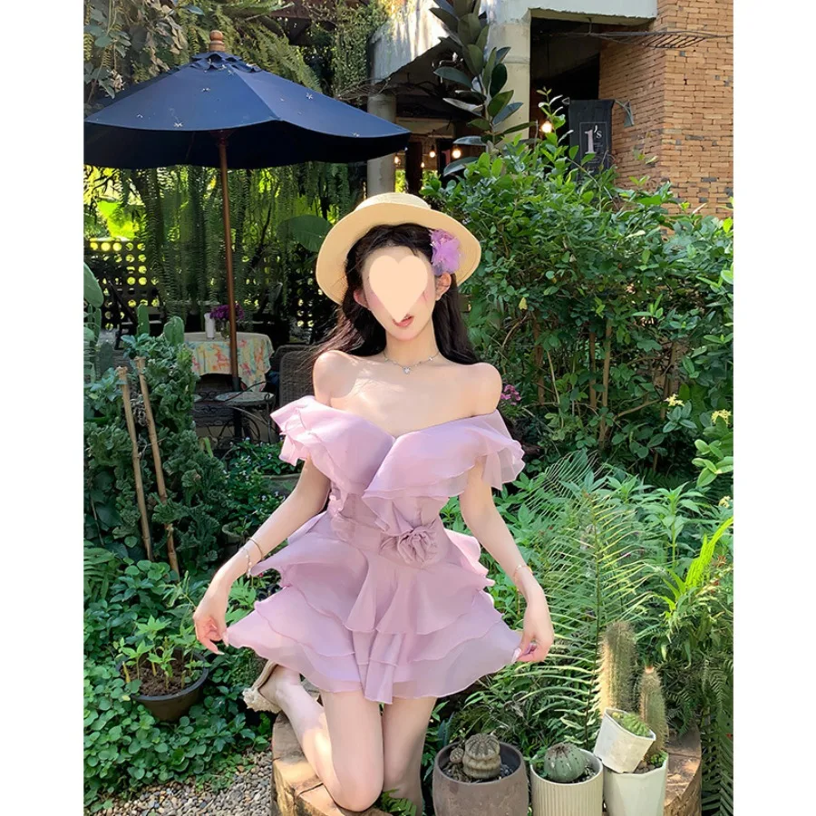 

【New style】Pure desire style ruffled one-shoulder cake dress for women's spring and summer new style niche design waist and thi