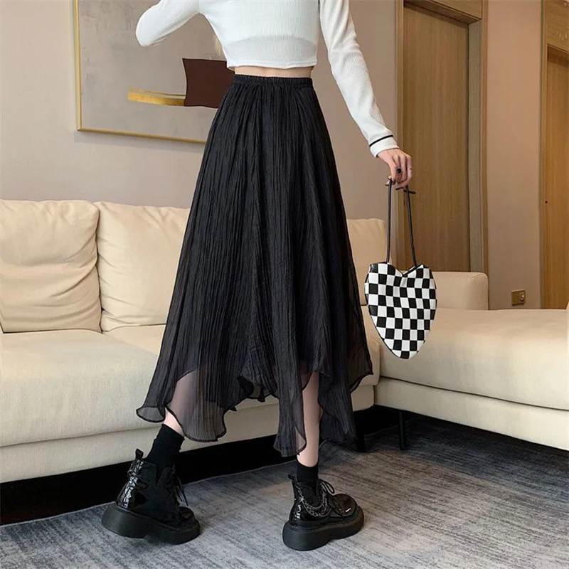 Fashion Solid Color High Waist Gauze Irregular Skirts Women's Clothing 2024 Summer New Loose All-match Asymmetrical Skirts