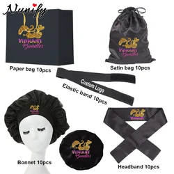 Custom Logo For Hair Packaging Bag Satin Bag With Drawstring Edge Melt Band Hair Bonnet 6cm Satin Wig Grip Headband Paper Bags