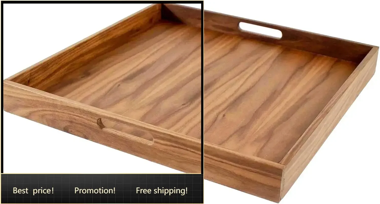 Walnut Wood Serving Tray with Handles - Serve Coffee, Tea, Cocktails, Appetizers, Breakfast in Bed or for Ottomans or Desk