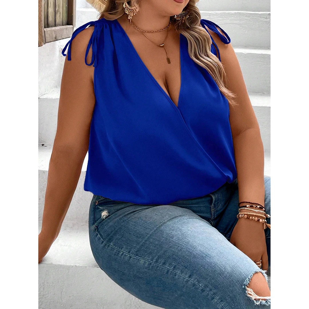 Mugen Plus Size Solid Color New Drawstring V Neck Blouse Elegant 2024 Summer Sleeveless Blouse Women's Plus Size Clothing Tops