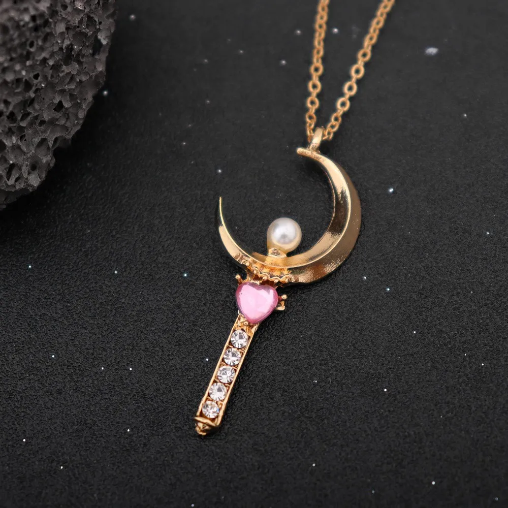 Japanese Anime Sailor Moon Loving Magic Wand Crystal Cosplay Pendant Necklace Girl Accessories Cute Cosplay Props Necklace