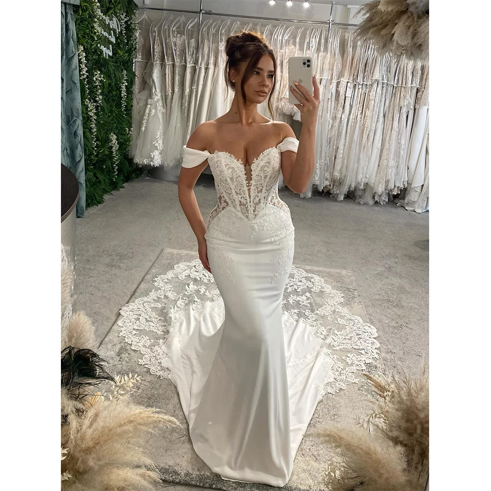 

MVOZEIN Mermaid Wedding Dress Off Shoulder Lace Brides Dresses Illusion Bodice Court Train Wedding Gown