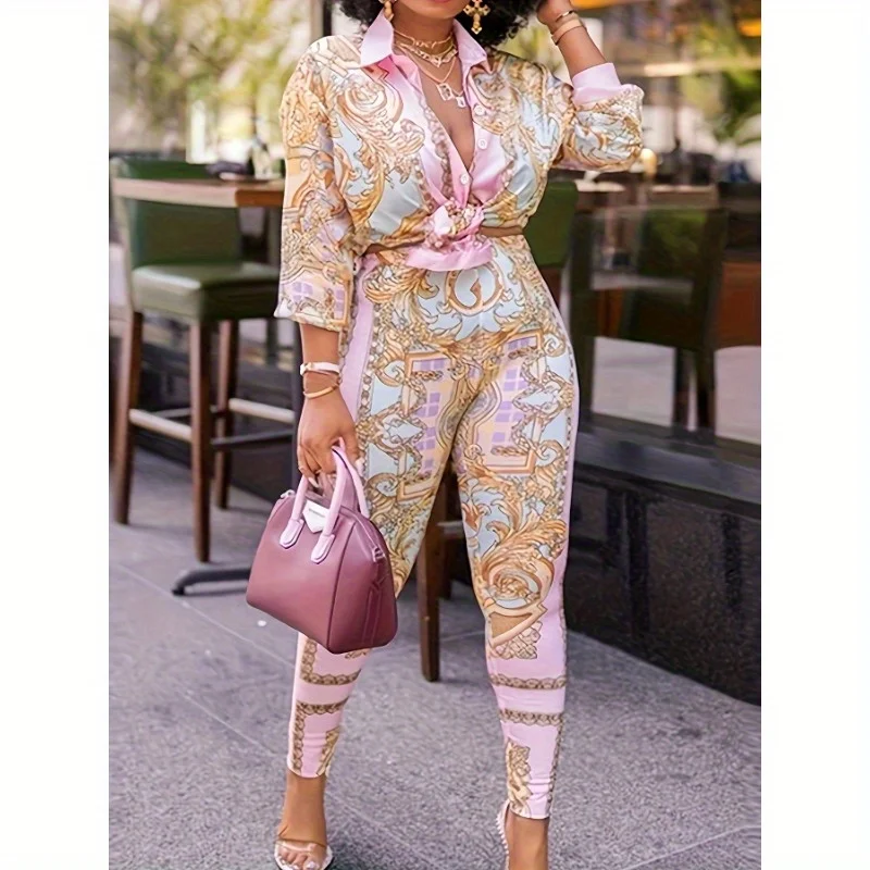 

Pink British Print Two-piece Pencil Long Sleeved Two-piece Set