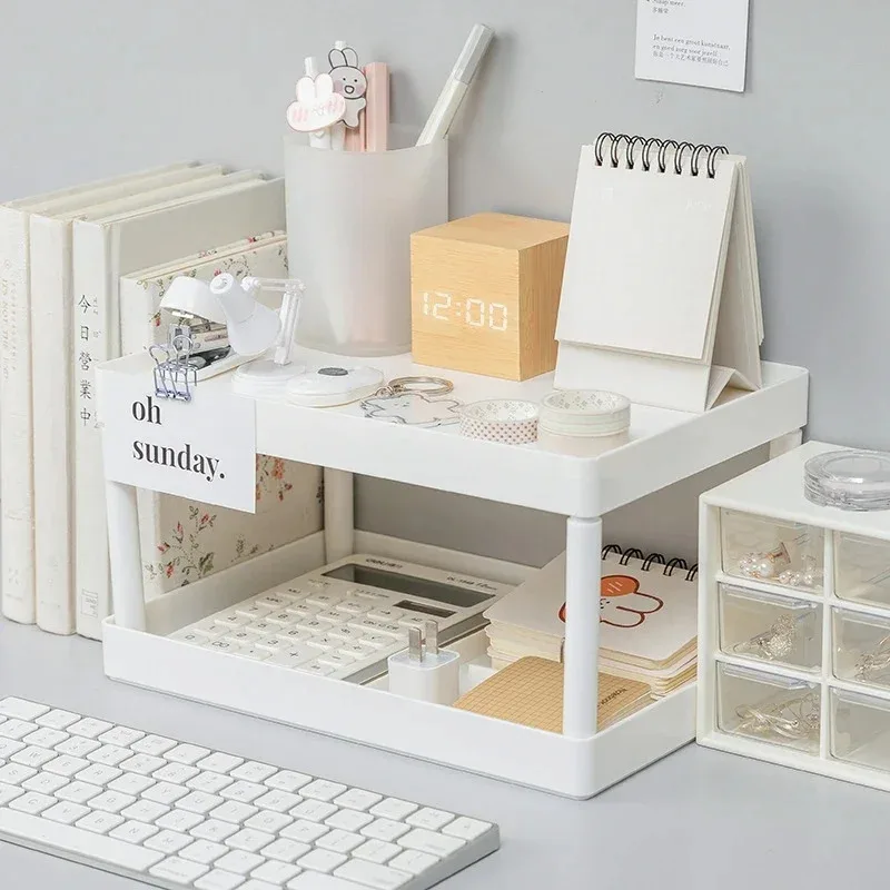 Double-Layer Desktop Storage Shelves - Multifunctional Plastic Rack, Ideal for Cosmetics, Sundries & Desk Organization