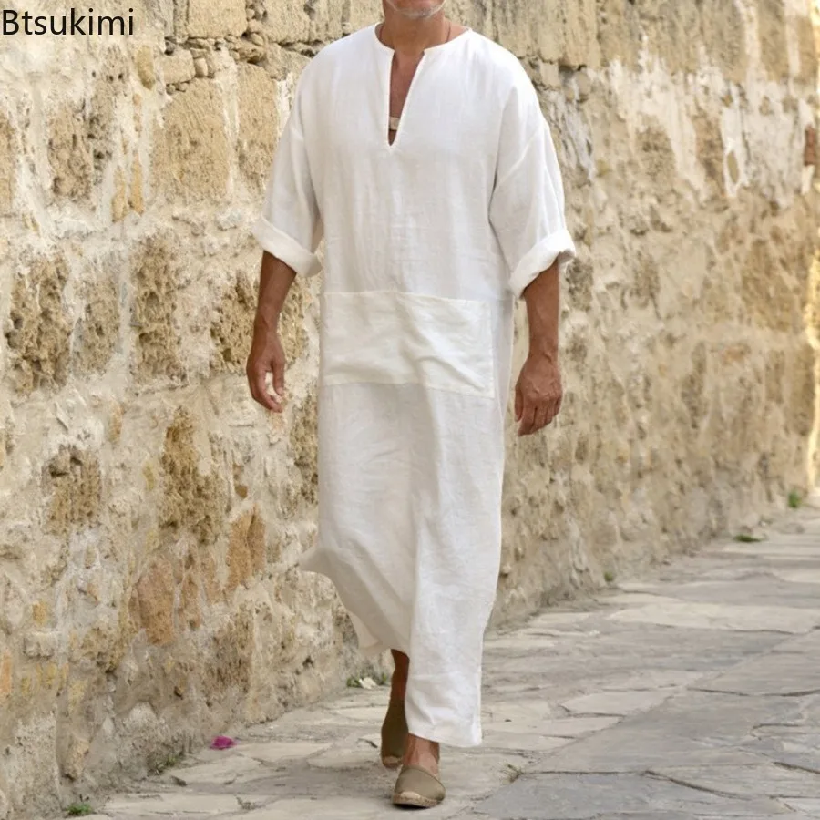 

Новые мужские хлопково-льняные длинные футболки 2026 года, мусульманские однотонные повседневные абайи, мужские джуббы, тобы, кафтаны, арабские исламские халаты с V-образным вырезом и длинными рукавами