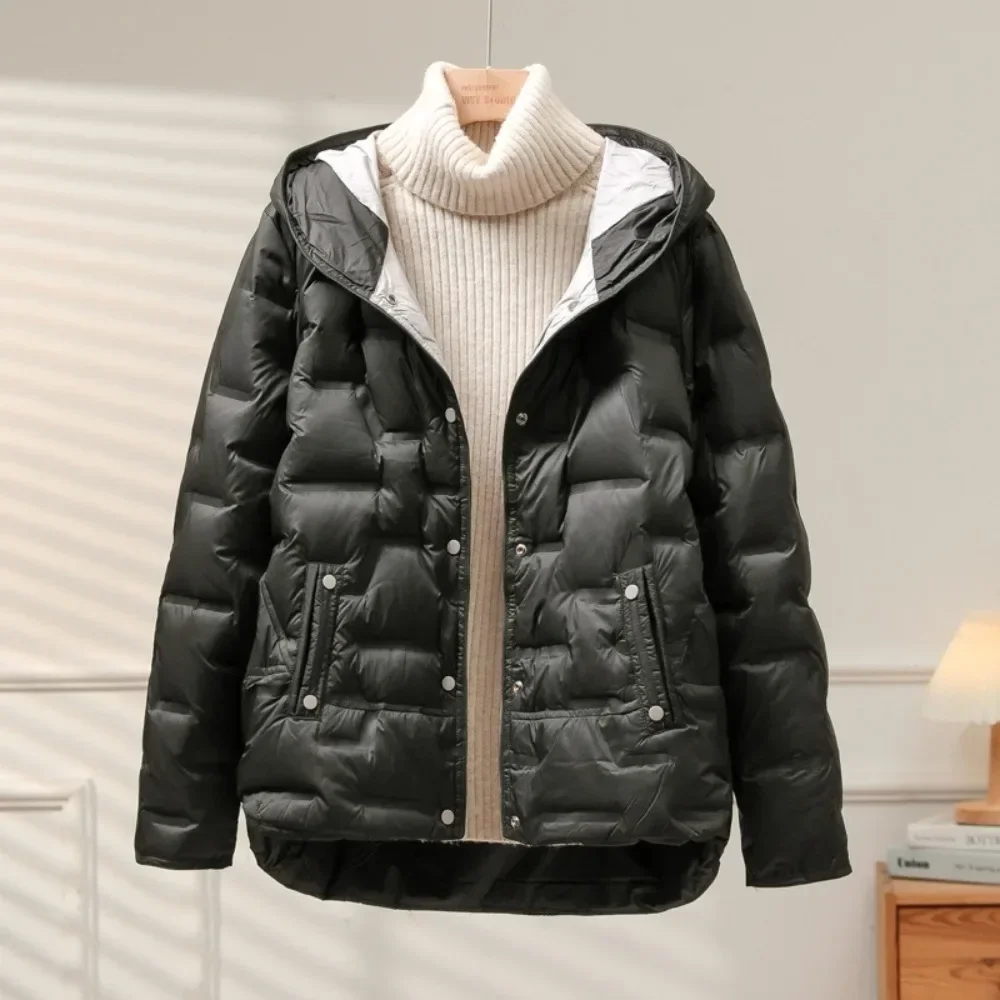 White Duck Down Coat 2024 New Hooded Single Breasted Jacket Fashion Light Puffer Parka Outwear  Autumn Winter Women Casual