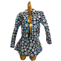 Bar Nightclub Gogo Dance Costume Women Team Singer Performance 2 PCS Silver Laser Mirror Short Skirt Coat Outfit Party Costume