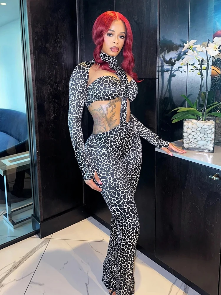 Sisterlinda Chic Hollow Design Jumpsuits Woman Leopard Print Turtleneck Full Sleeve Backless Hottie High Street Fashion Overalls