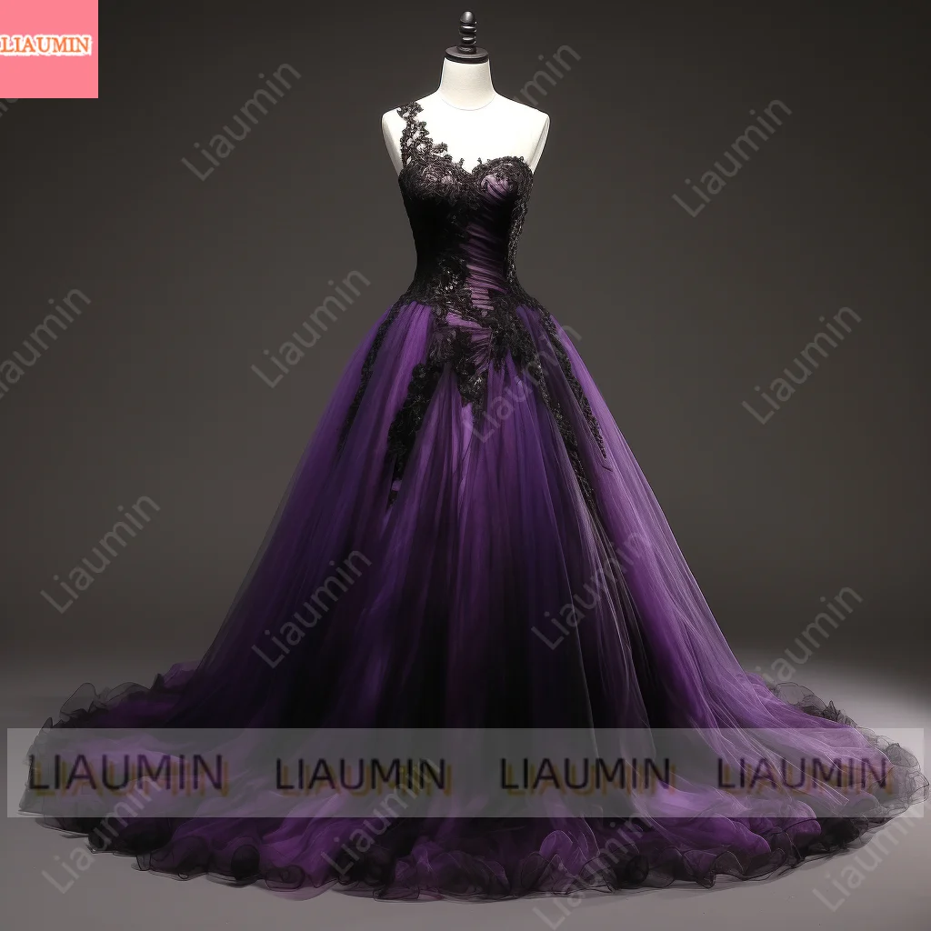 Purple Black Lace Applique Tulle A Line Full Length Evening Party Clothing Formal Occasion Prom Dress Hand Made Customized W2-14