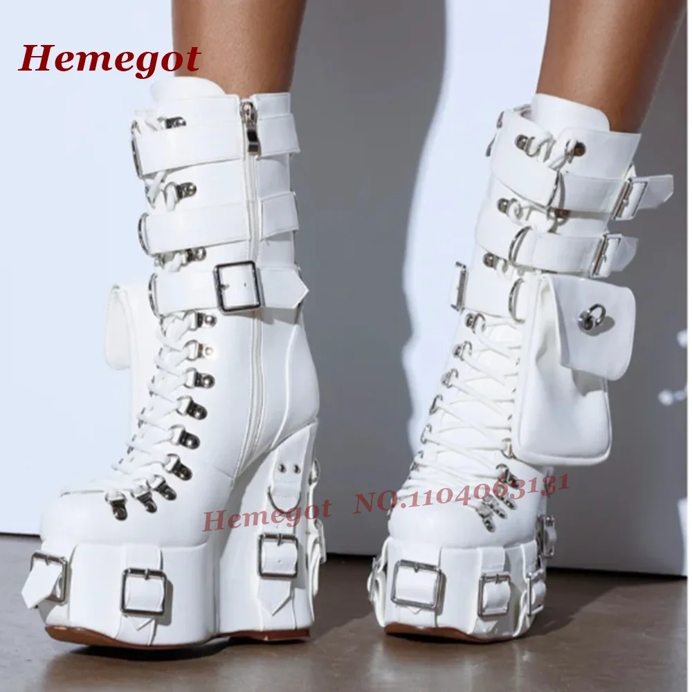 White Platform Multi-Buckled Ankle Boots Round Toe Pocket Decor Wedges Women's Boots Solid Glossy 2025 New Winter Gladiator Shoe