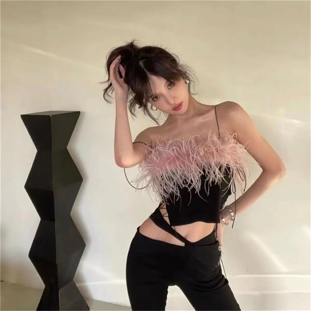 2023 Summer New Sexy Camisole Women Feather Tassel Backless Slim Cropped Tops Chic Fashion Camis Female Nightclub Tank Top Vest