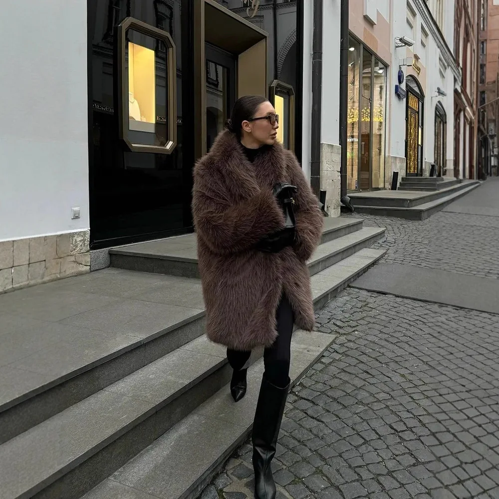 Verdickter Plüsch-Wintermantel für Damen 2025, Fuchs-Stil, Kunstpelzjacke, langes Street-Luxe-Design mit übergroßem Revers