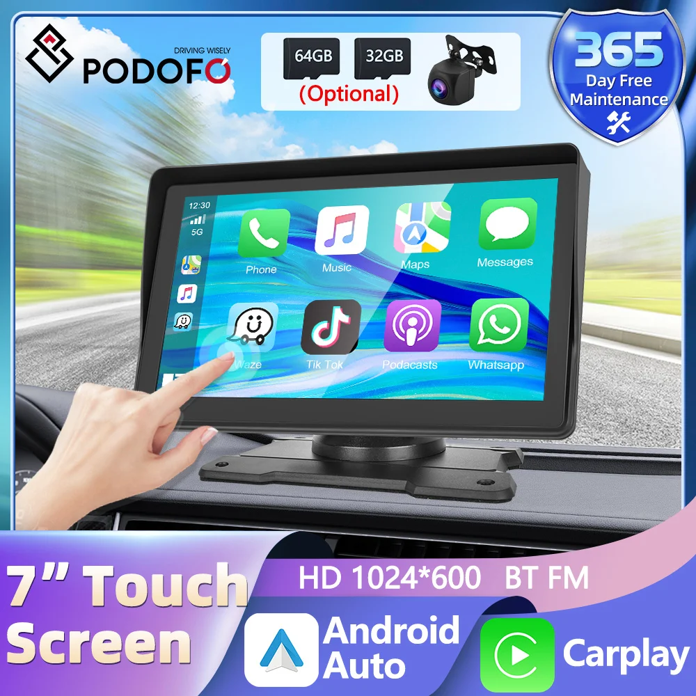 Podofo Portable Car Mp5 Player Wireless Carplay Car Stereo Radio 7'' Touch Screen Universal Car Multimedia Player for VW/Audi