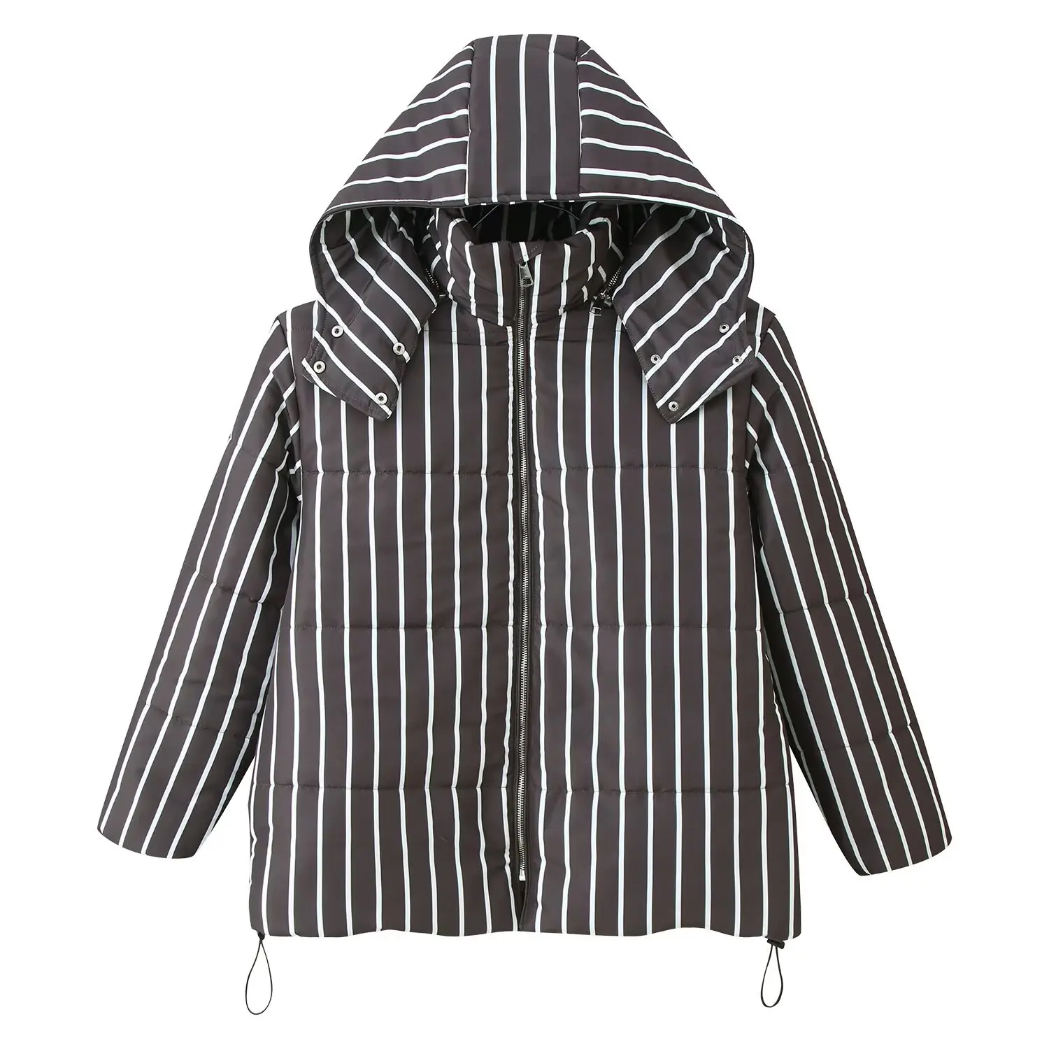 JNLEAOG Abrigo Jaet de algodón a rayas Faionable para mujer con capucha, cuello levantado, Street Sle, largo, cierre de cremallera