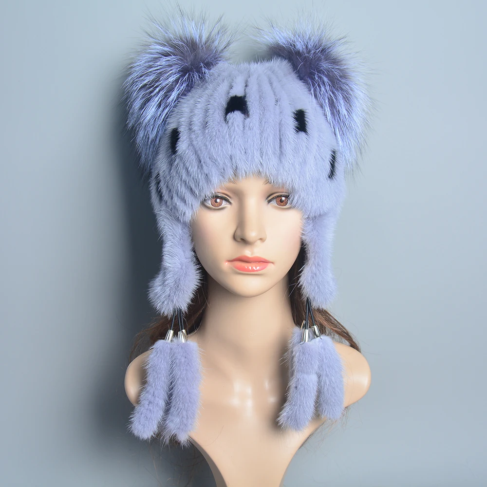 Hats For Women Natural Mink Fur Tails Earflap Winter Bomber Hat Women Real Fur Knitted Beanie Hat